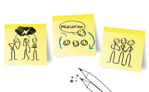 yellow sticky notes with mediation concept of disagreement and then agreement